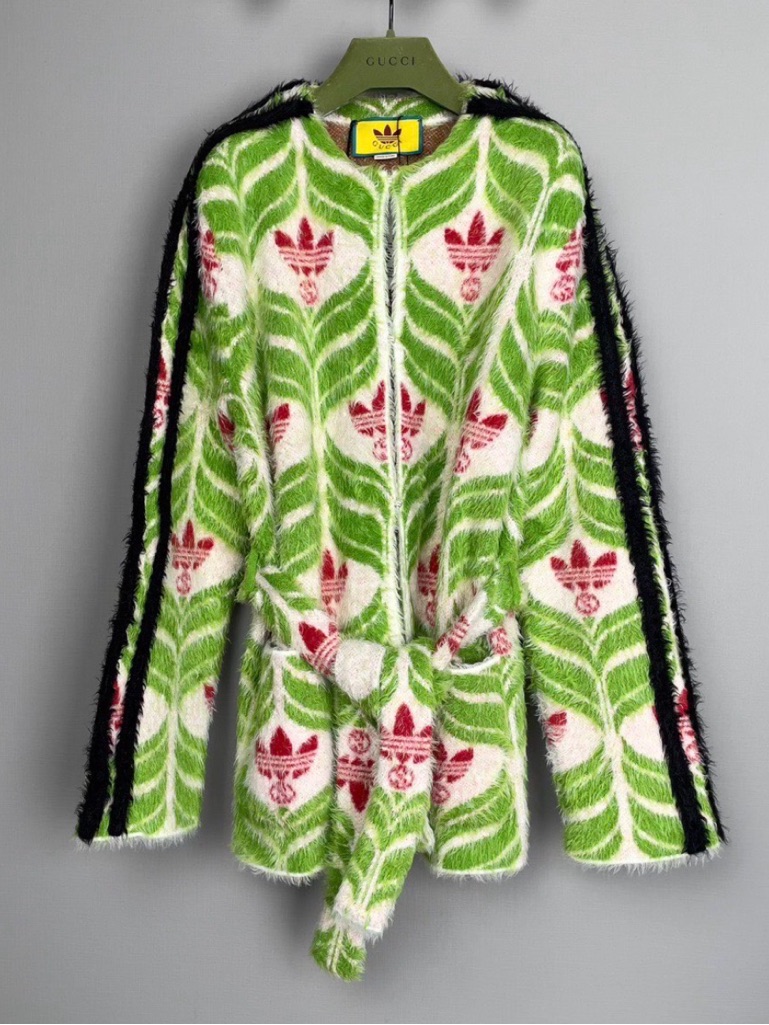 Steal Gucci Green, White & Red Fuzzy Logo Cardigan